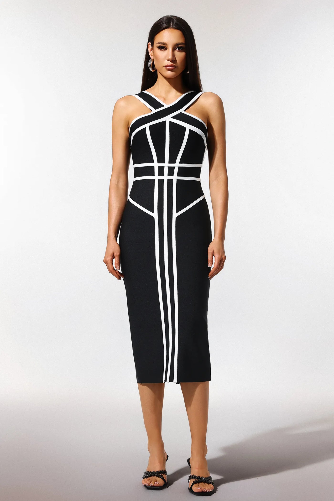 Serren Kolsuz Çizgili Bandaj Maxi Elbise