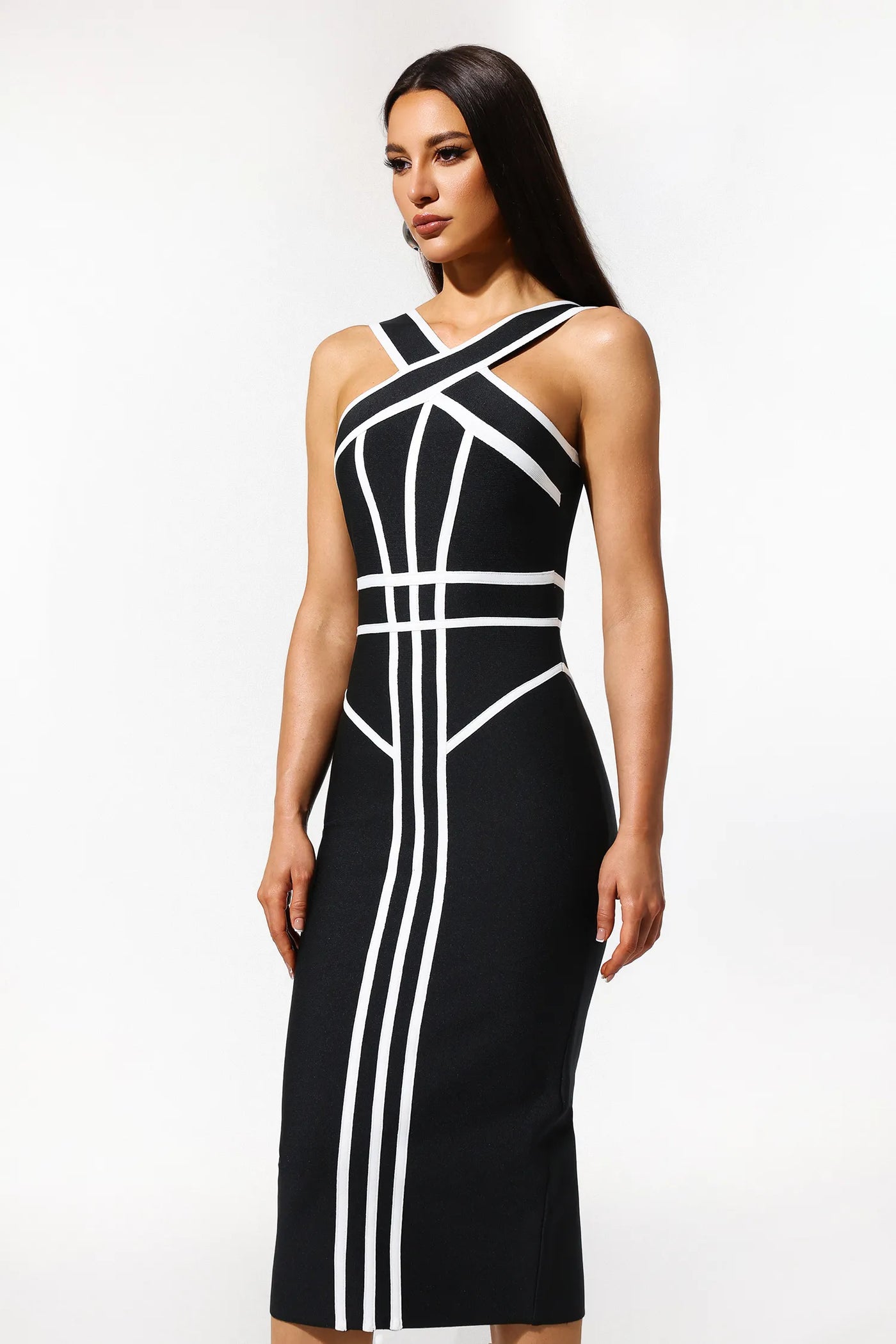 Serren Kolsuz Çizgili Bandaj Maxi Elbise