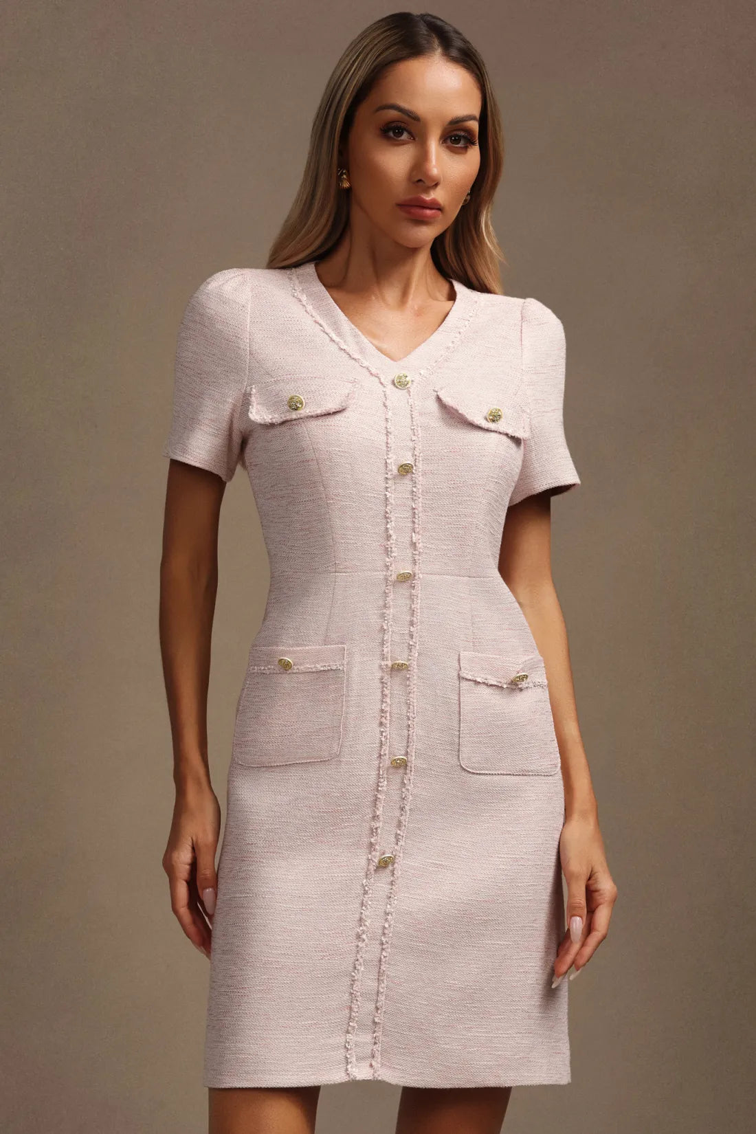 Kısa Kollu Altın Düğmeli Mini Elbise